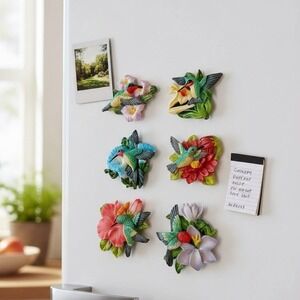 Vintage 3D Hummingbird Refrigerator Magnets Lot of 6 MSR Resin Floral Bird Decor